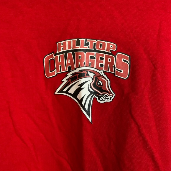🍉Gildan Tee long sleeves red, cotton, “Chargers” crew neck, athletic, M, EUC - Picture 3 of 7